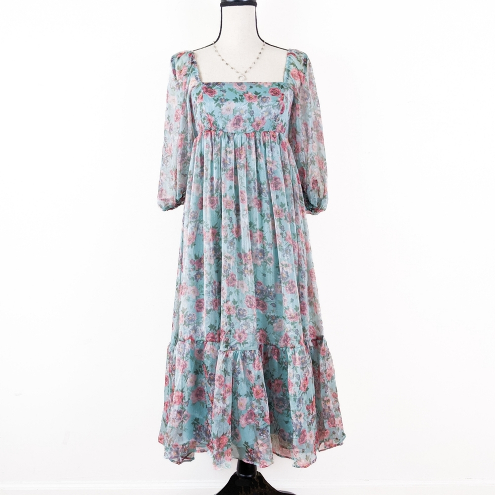 🦋LAST🦋 NWT Storia Teal Floral Baby Doll Midi Dress